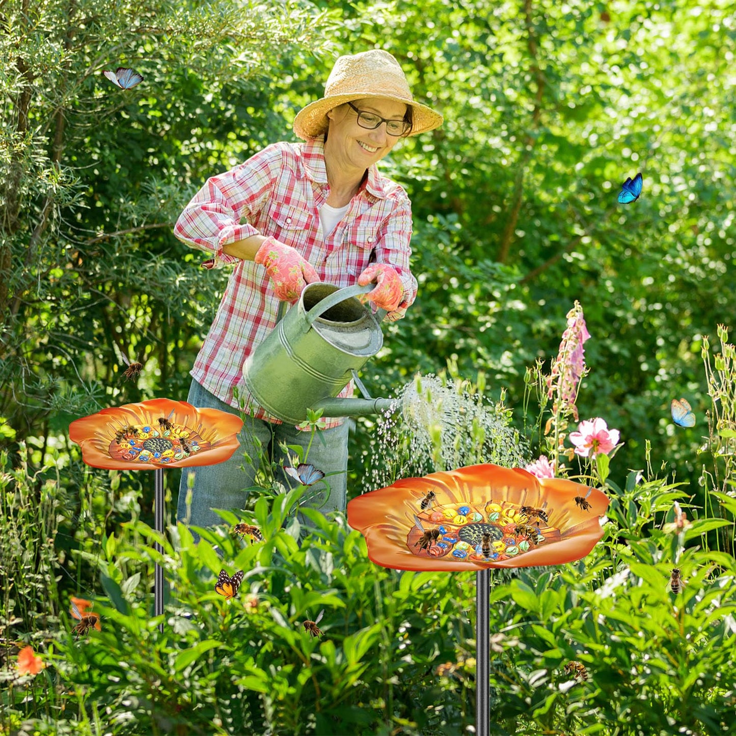 MeyRolizn Bee Butterfly Watering Station, 4 Prongs Base Stake Butterfly Bee Feeder for Garden with Glass Marbles, Bee Bath with Vivid Flower Design for Garden Yard Patio Decor (Orang Yellow)