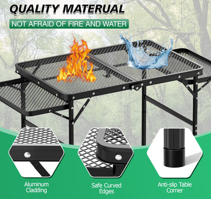 Folding Camping Table with 2 Extra Desktop, Height Adjustable Portable Grill Table, Metal Outdoor Grill Table for Outside, Camping Cooking Tables for Picnic, BBQ, 53.14 x 26.6 x 23.6 inches Large Size
