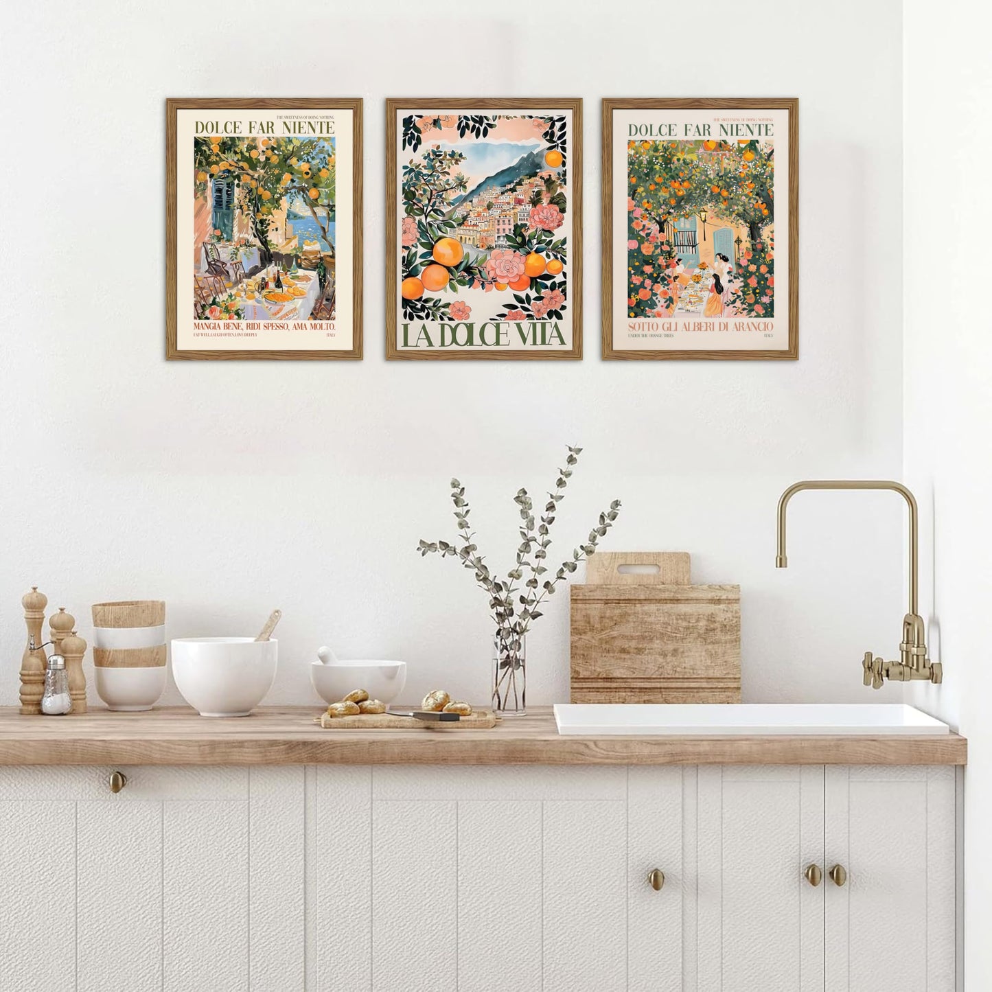 Framed Italian Scenery Wall Art Set of 3, Amalfi Coast Kitchen Wall Art, Vintage City Landscape Canvas Print, Trendy Italian Food Pictures Artwork for Living Room Dining Room – 16x24 inch