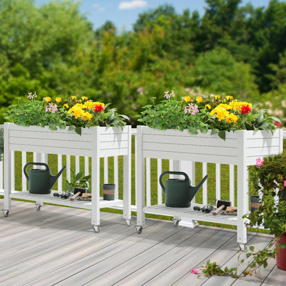 YITAHOME Raised Garden Bed Outdoor 43.3x17.7x34 in Raised Planter Box with Legs, Drain Plug and Storage Shelf, Elevated Planter Box for Plants Vegetables Flowers Herbs, White
