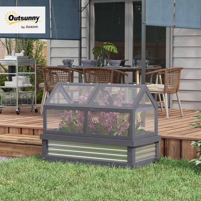Outsunny Raised Garden Bed with Polycarbonate Greenhouse, Wooden Garden Cold Frame Greenhouse, Flower Planter Protection, 48" x 24" x 32", Gray