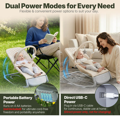 Orzbow Electric Baby Bouncer & Rocker with Innovative Auto Rocking Motion, Adaptable 3-Speed, Smart Tap Sensing, Soothing Sounds, and 3 Recline Positions, 2-in-1 Automatic Baby Rocker Chair, Beige