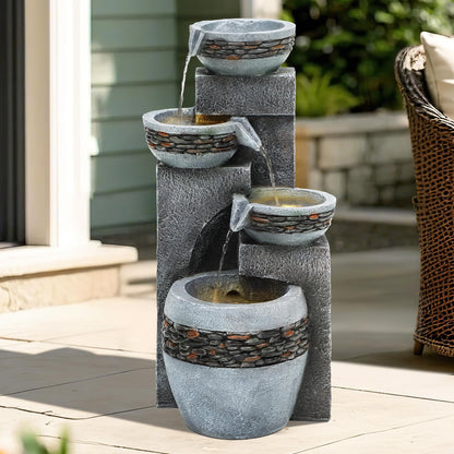 Autodaya 19.5" Tall 4-Tier Pedestal Outdoor Water Fountain with LED Lights and Pump, Relaxing Garden Fountain Waterfall for Patio, Porch, or Yard