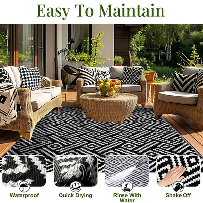 OPPODREAM Outdoor Rug 8x10 Patio Waterproof, Large Outdoor Plastic Straw Rug, Reversible Out Door Carpet for Camping, Deck, Rv, 8 x 10 Area Carpet for Balcony, Porch, Backyard, Black and White