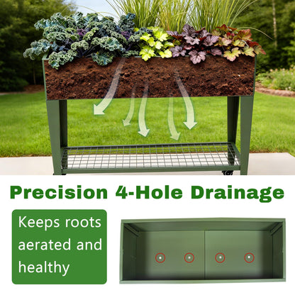TISUWING Foldable Raised Garden Bed with Wheels, 38 x 14 x 32 Inch Galvanized Steel Elevated Planter with Storage Shelves, Rolling Outdoor Planter Box for Herbs, Vegetables & Flowers, Green