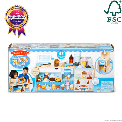 Melissa & Doug Cool Scoops Ice Creamery, Wooden Ice Cream Shop & Counter with Play Food & Play Kitchen Accessories, Preschool Learning Toys for Girls & Boys 3+ - FSC Certified