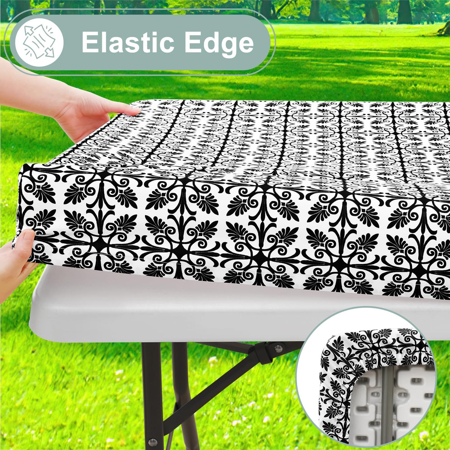 misaya 2 Pack 6 Foot Rectangle Picnic Tablecloth, Elastic Fitted Waterproof Table Cover, Windproof Washable Polyester Table Cloth for Camping, Indoor and Outdoor (Black, 30" x 72")