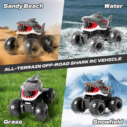 Gesture Sensing Amphibious Remote Control Gray Shark Monster Truck with Water Squirt 4WD 1:16 RC Car All-Terrain Waterproof RC Tank Pool Toy Outdoor Summer Gifts for Kids Age 6+（2 Replaceable battery)