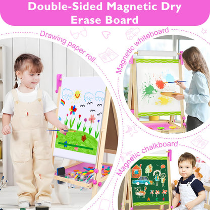 Doselie Easel for Kids,Adjustable Wooden Kids Art Easel with Paper Roll,Double-Sided Magnetic Toddler Easels,Dry Erase Whiteboard and Chalk Board,Toys for 3 4 5 6 7 8 9 10 Year Old Girl Boy Gift