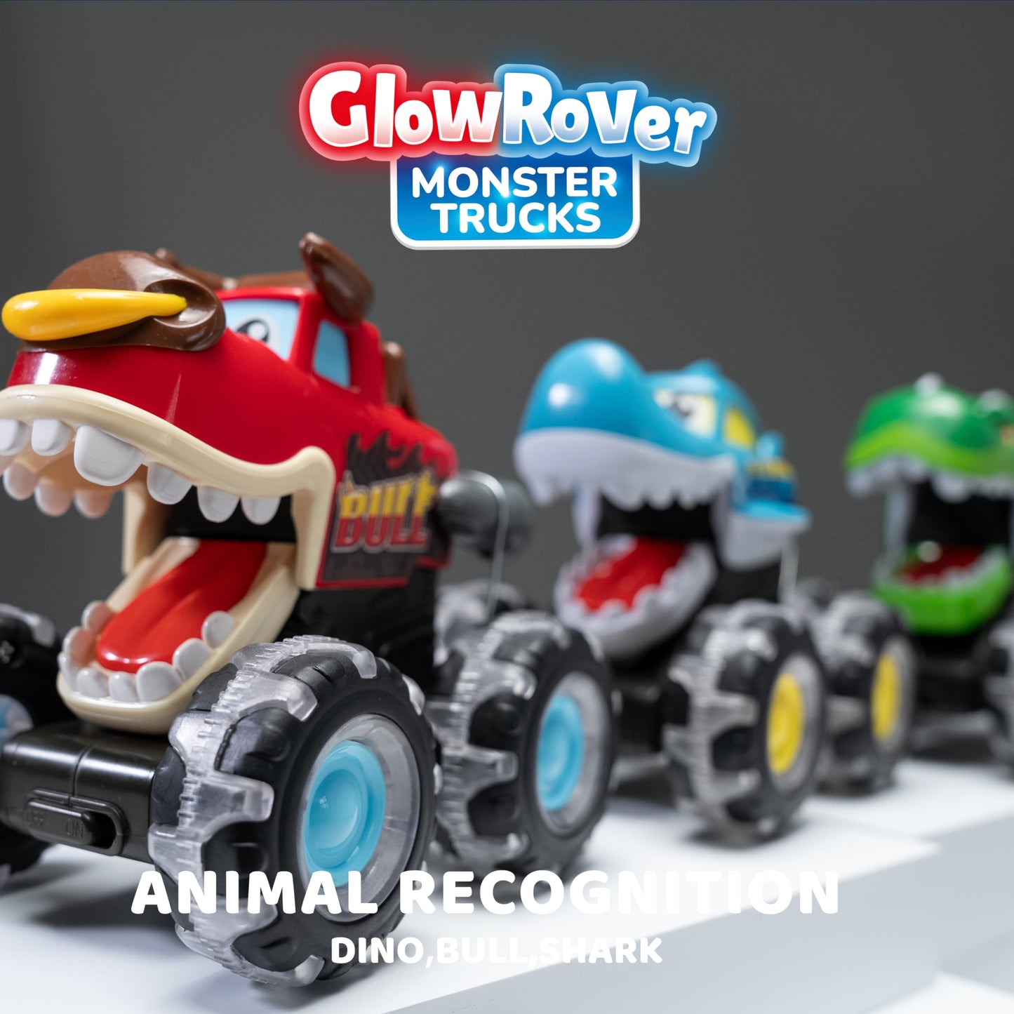 JOYIN 3 Pack Monster Truck Toy - Motion Activated Light Up Cars for Toddlers - Monster Glow Rover LED Wheels - Baby Boy Toys - Press and Go Dinosaur Trucks for Kids Boy Birthday Gifts