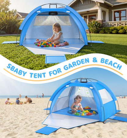 Dsquu Baby Beach Tent Solar Cooling Fan, Anti-UV Toddler Beach Tent Sun Shelter Portable Travel Fan Beach Shade Tent, Baby Play Tent Built-in Ceiling Fan Sun Shelters Toddler Beach Essentials