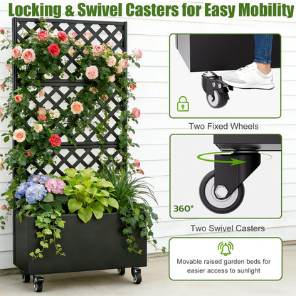Riflevault 72" Planter Box with Trellis & Wheels, Planter Boxes Outdoor with Drainage Hole for Climbing Plants, Raised Planter with Privacy Screen, Black