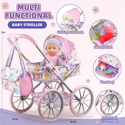 Baby Doll Stroller Playset for Girls Toddlers 3-5 4-6 5-7 Year Old to Play House Games. Stroller Toy with 12.5" Baby Doll, Dining Chair, Quilt Pillow, 24 PCS Doll Accessories and 2 Sets Clothes.