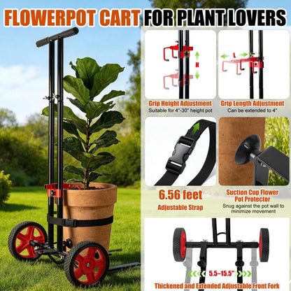 Garden Plant Dolly Cart with Wheels, Heavy Duty Plant Caddy with Adjustable Grabbing Arm, Potted Plant Mover with Suction Cups & Secure Strap, Indoor and Outdoor Gardening Cart Plant Pot Lifter