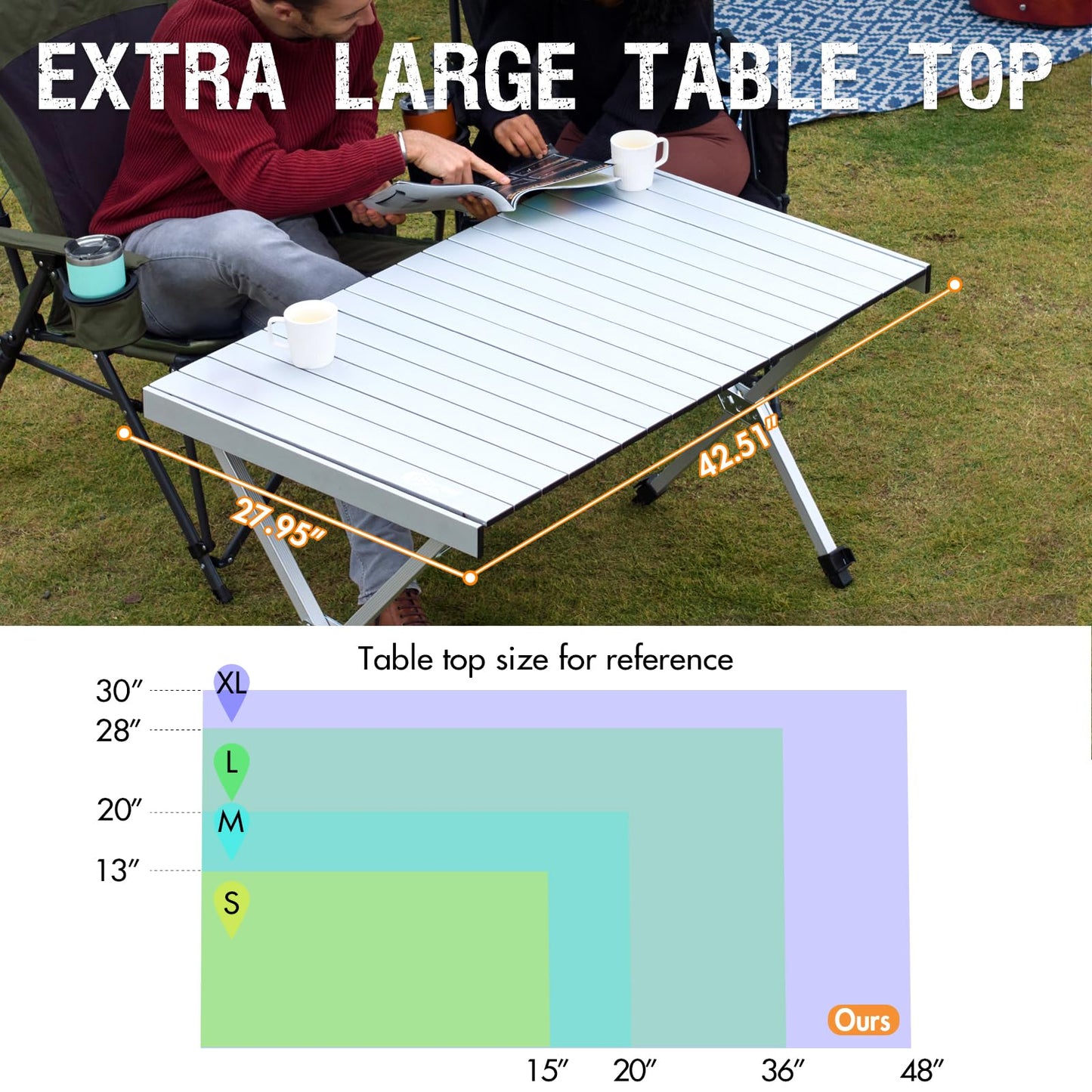 PORTAL Folding Outdoor Camping Table with Adjustable Height, Aluminum Roll-Up Top and Carry Bag, Big Large Portable Tables for Picnic, BBQ and Tailgating, Silver