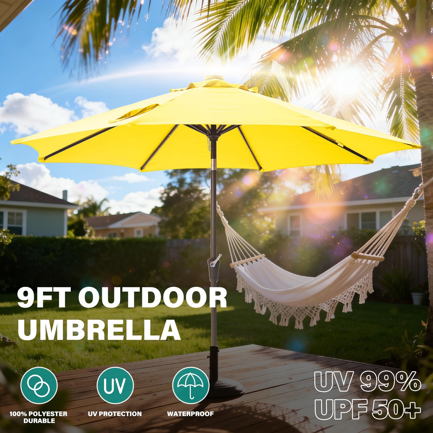 Tioline 9FT Solar-Powered LED Patio Umbrella with Tilt Crank,Outdoor Market Umbrella with 32 Lights,Sunshade for Deck, Garden and Pool,Yellow