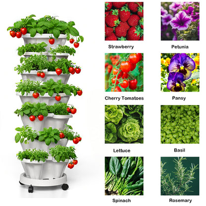 Lykvrii Strawberry Planters, 3 Tiered Vertical Stackable Planter, Herb Stacking Tower Garden, Flower Vegetable Planters with Support Pole, Indoor & Outdoor with Removable Wheels - Dark Grey