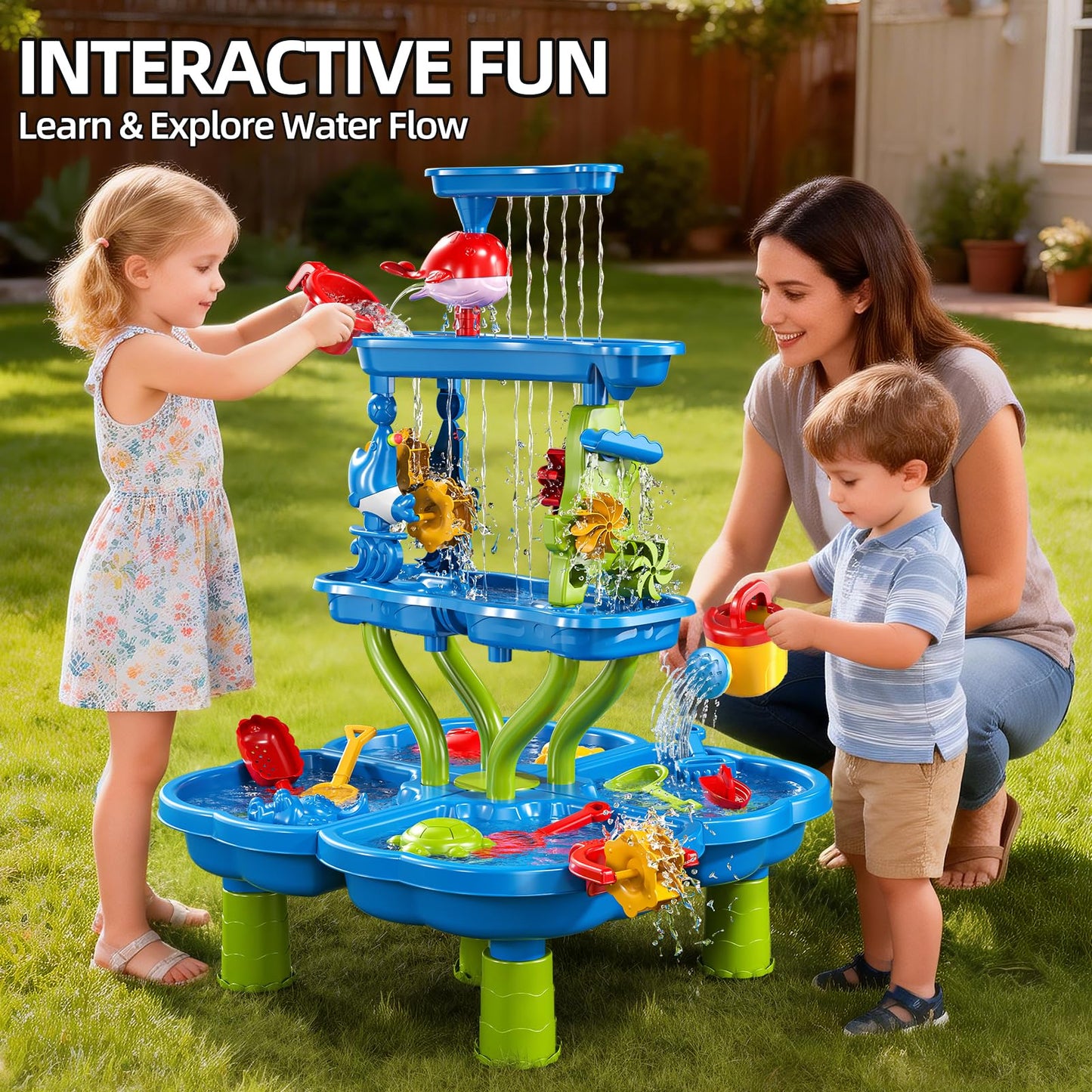 Guminnara 4 -Tier Kids Water Play Table for Toddlers 18M+ 3-5 4-8 Years, Sand and Water Table with Activity Play Set, Water & Sand Sensory Play Table Summer Beach Outdoor Indoor Toys for Birthday
