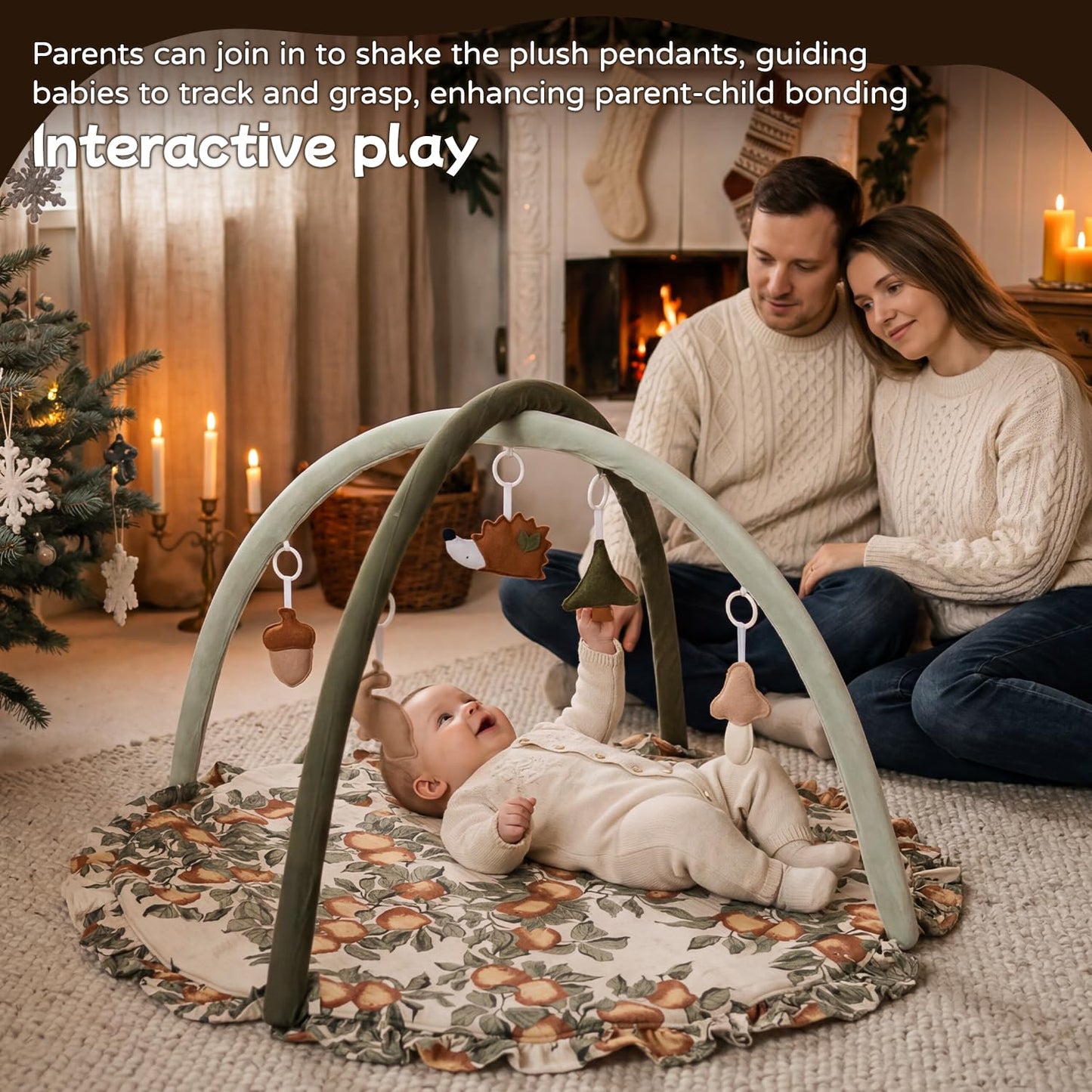 Baby Play Gym Play Mat, Infant Activity Center with 5 Sensory Toys 0–18 Months Developmental Tummy Time Mat, Baby Gym & Activity Mat Apple-Leaf Printed for Newborn Shower Gift Baby Essentials