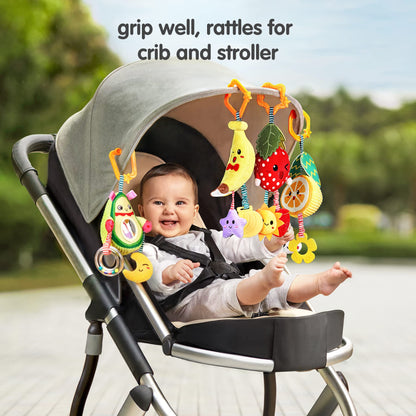TUMAMA Baby Toys for 3 6 9 12 Months,Hanging Fruit Rattles Avocado,Banana,Orange and Strawberry,Stroller Mobile Toys,Plush Soft Rattles for Boys,Girls Christmas Gifts,4 Pack