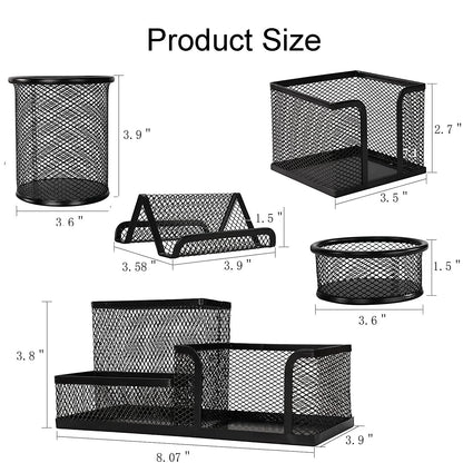 Byjoph Mesh Pen Holder for Desk Pencil Holders 5 Pieces Desk Organizer Office Supplies Caddy with Sticky Notes Holder for Office School Home Black