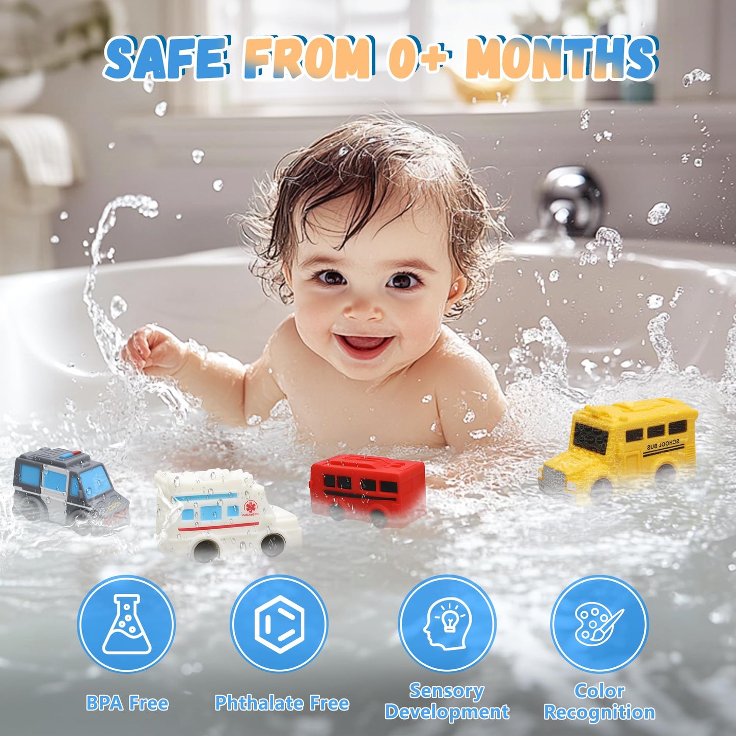Mold Free Bath Toys with Mesh Storage Organizer, 6 Packs No Hole Baby & Toddler Bathtub Toys: Water Floating Vehicles Truck School Bus Car Toys, Sealed Soft Silicone Rubber Bath Toys for Kids Ages 0+