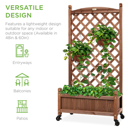 Best Choice Products 48in Wood Planter Box & Diamond Lattice Trellis, Mobile Outdoor Raised Garden Bed for Climbing Plants w/Drainage Holes, Optional Wheels - Walnut