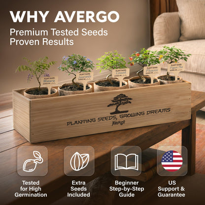 AVERGO Bonsai Tree Kit Deluxe - 5X Unique Japanese Bonzai Trees | Complete Indoor Bonsai Starter Kits from Seeds to Trees – DIY Gardening Gifts for Mother's Day, Women & Men