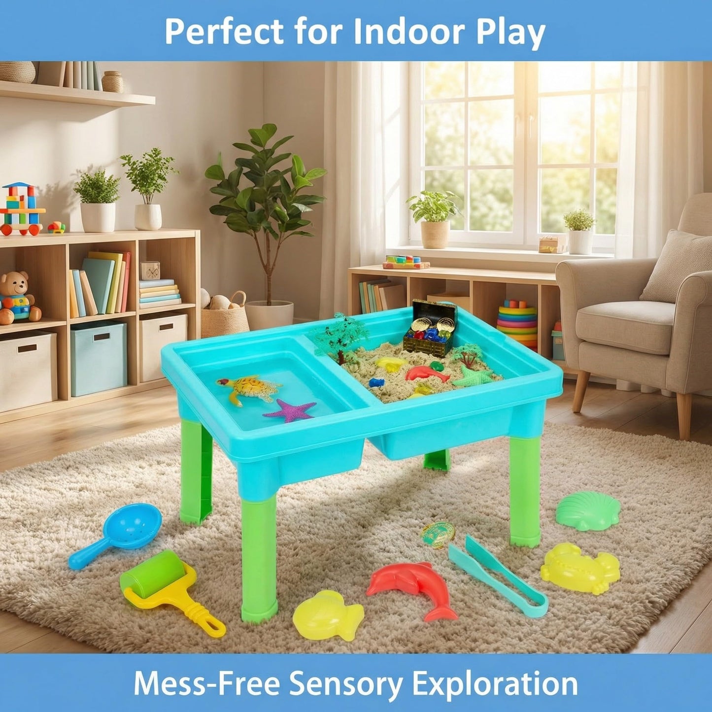 Carolart Ocean Sensory Table with Sands, Bin with Lid, Indoor Outdoor Use, Sand Art Kit for Boys and Girls, Toys for Toddlers Age 3-5, 17x11.5x10.2 Inches