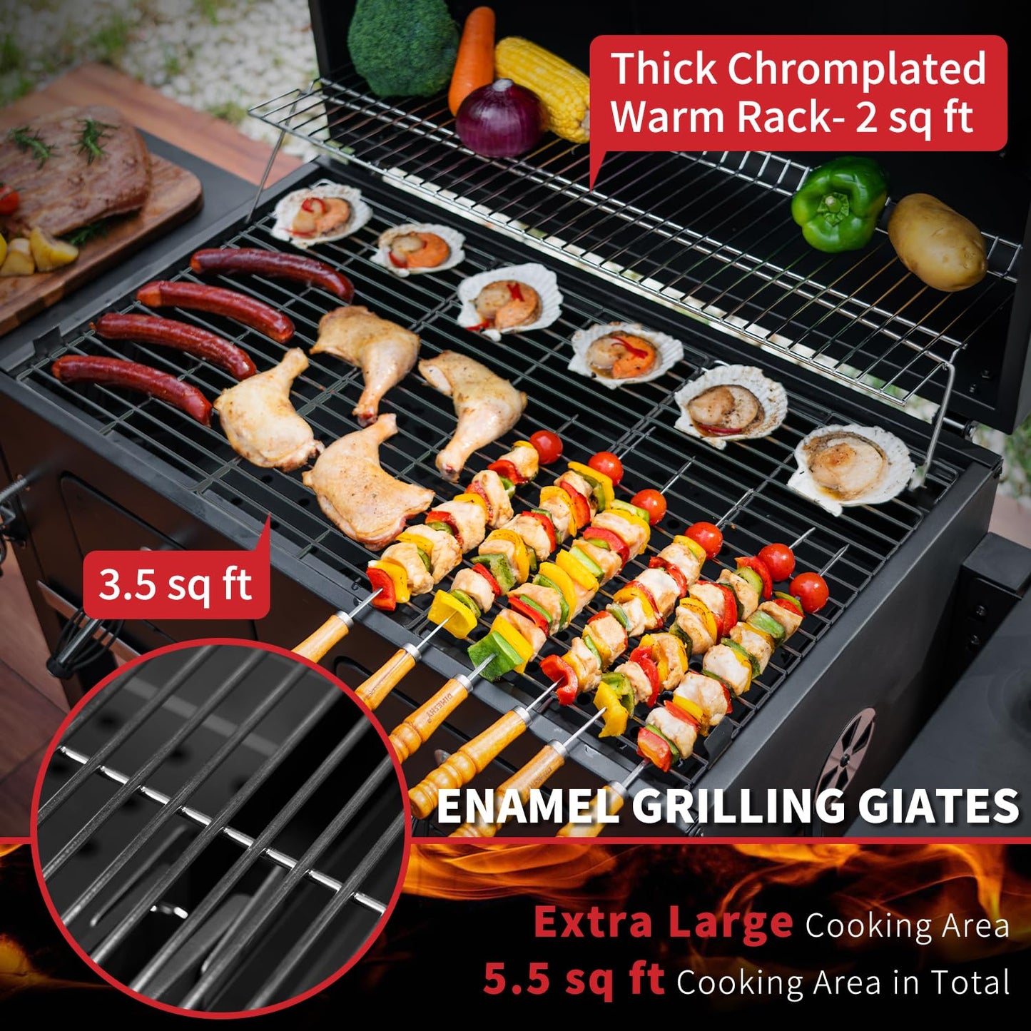 Kenadne Charcoal Grill Outdoor BBQ Grill, Extra Large Cooking Area 794 Square Inches with Two Adjustable & Individual Charcoal Tray, Foldable Side Tables for Outdoor Cooking grill Backyard