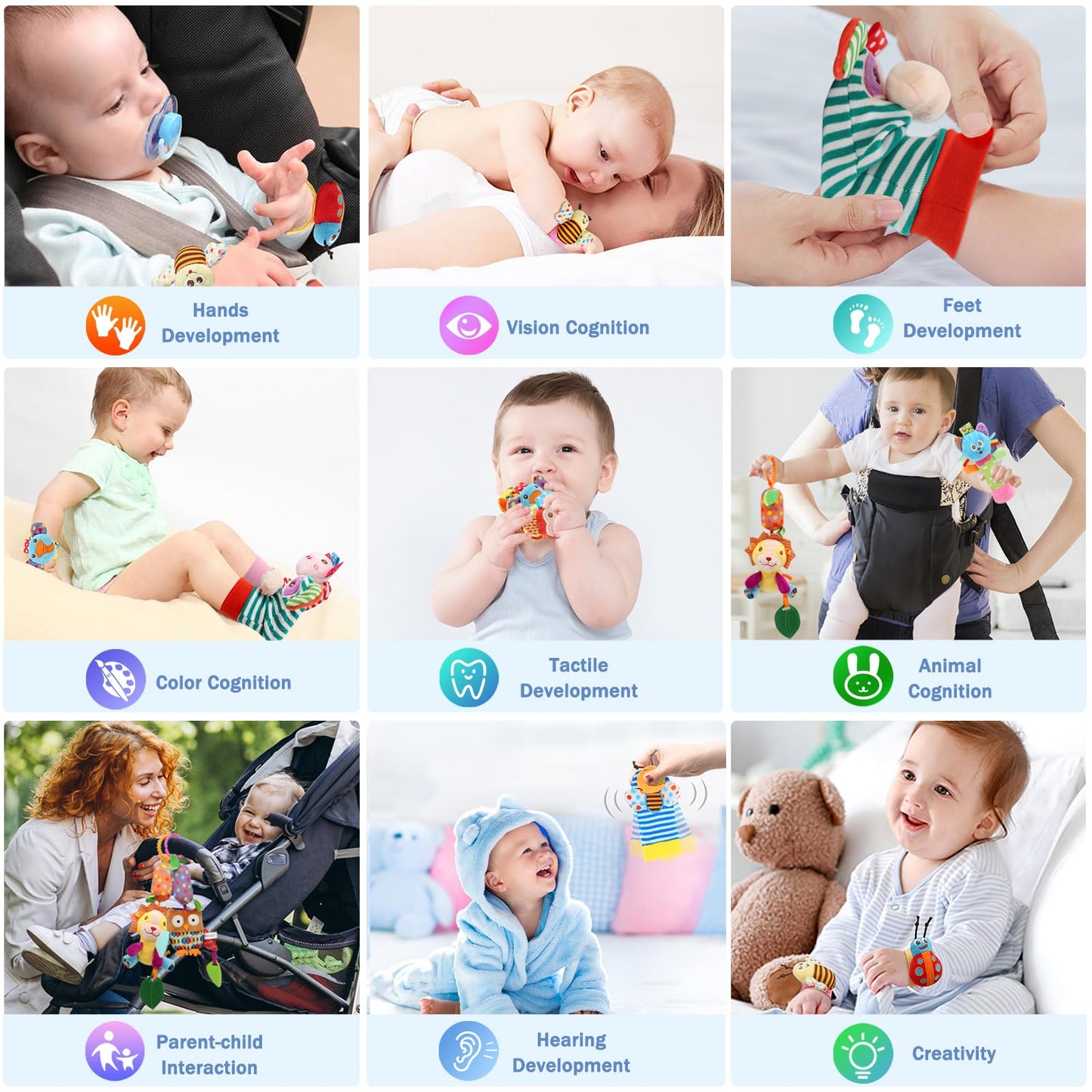 Bloobloomax Baby Soft Hanging Rattle, Wrist Rattle and Hand Foot Rattle Toy, Car Seat Stroller Toys with Plush Animal C-Clip Ring for Infant Babies Boys and Girls 3 6 9 to 12 Months (12PCS-G)