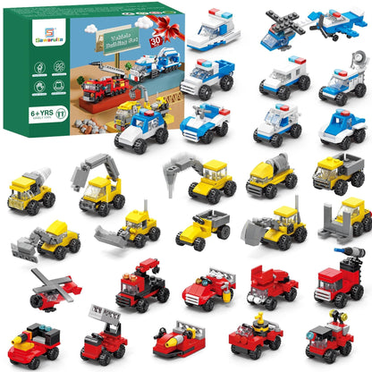 Sawaruita 30Pack Mini Cars Building Blocks Party Favors for Kids-Bulk Fire Truck,City Police Car,Construction Vehicle for Birthday Goodies Bag Easter Filling,Classroom Prizes for Boys 6-12