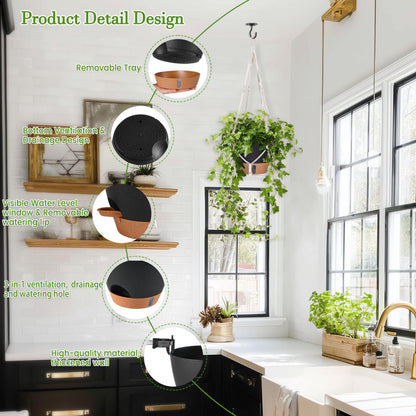 Fielda 10 Inch Hanging Planters for Indoor Plants, 2 Pack Self Watering Hanging Baskets Flower Pots with Drainage Hole, Visual Reservoir & 2 Kinds of Plant Hanger for Outdoor Garden Home Decor（Black）