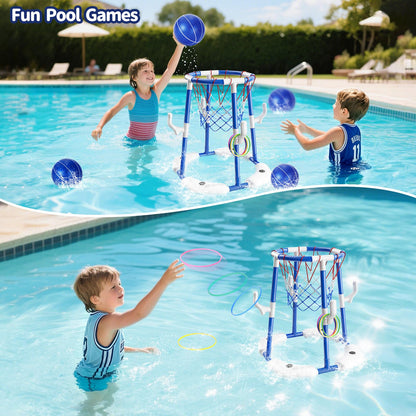 Sitodier Pool Basketball Hoop for Kids, 2-in-1 Floating Pool Basketball Play Toys and Ring Game with 4 Balls and Pump, Outdoor Summer Swimming Pool Basketball Games Family Party for Kids Adults (Blue)