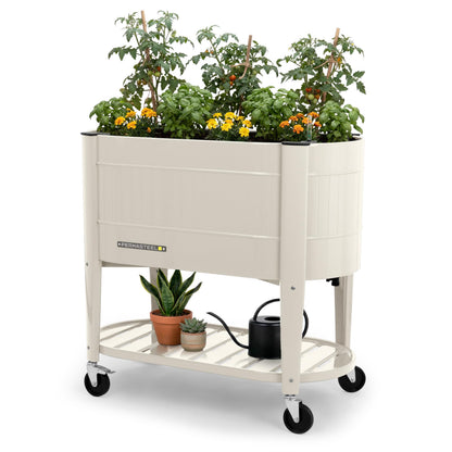 Permasteel Raised Garden Bed with Legs, Planter Box with EnGrow™ TrueSoil™ Technology for Vegetables, Flowers, Herbs, and Fruit, Outdoor Indoor, Storage Shelf, Caster Wheels, Ivory