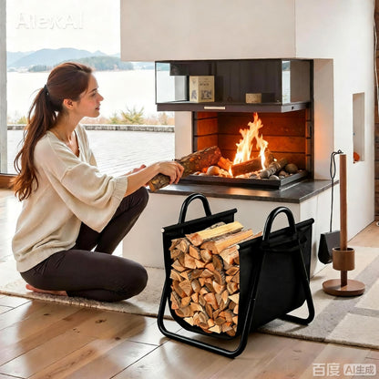 AMAGABELI GARDEN & HOME Fireplace Log Holder with Canvas Firewood Rack Indoor Tote Carrier Metal Wood Rack Black Firewood Holders Storage Heavy Duty Logs Stacker Basket with Handles Kindling