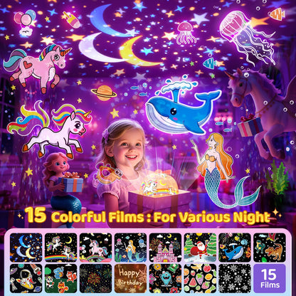 Pikoy Unicorn Toys for Girls Gifts, 15 Films+15 Lullaby Sound Machine for Kids Night Light Projector, Remote+Rechargeable Night Light for Kids Gifts, 360 °Rotation Princess Mermaid Toddler Girl Toys