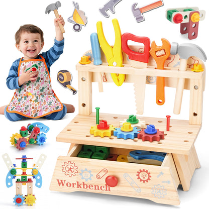 REXBETI Kids Tool Set, Wooden Toddler Tool Set with Apron, Toddler Tool Bench, Educational Montessori Toys for 3 Year Old Boys, Pretend Construction Kits, Birthday Gifts for 3 4 5 Year Old Boy Girl