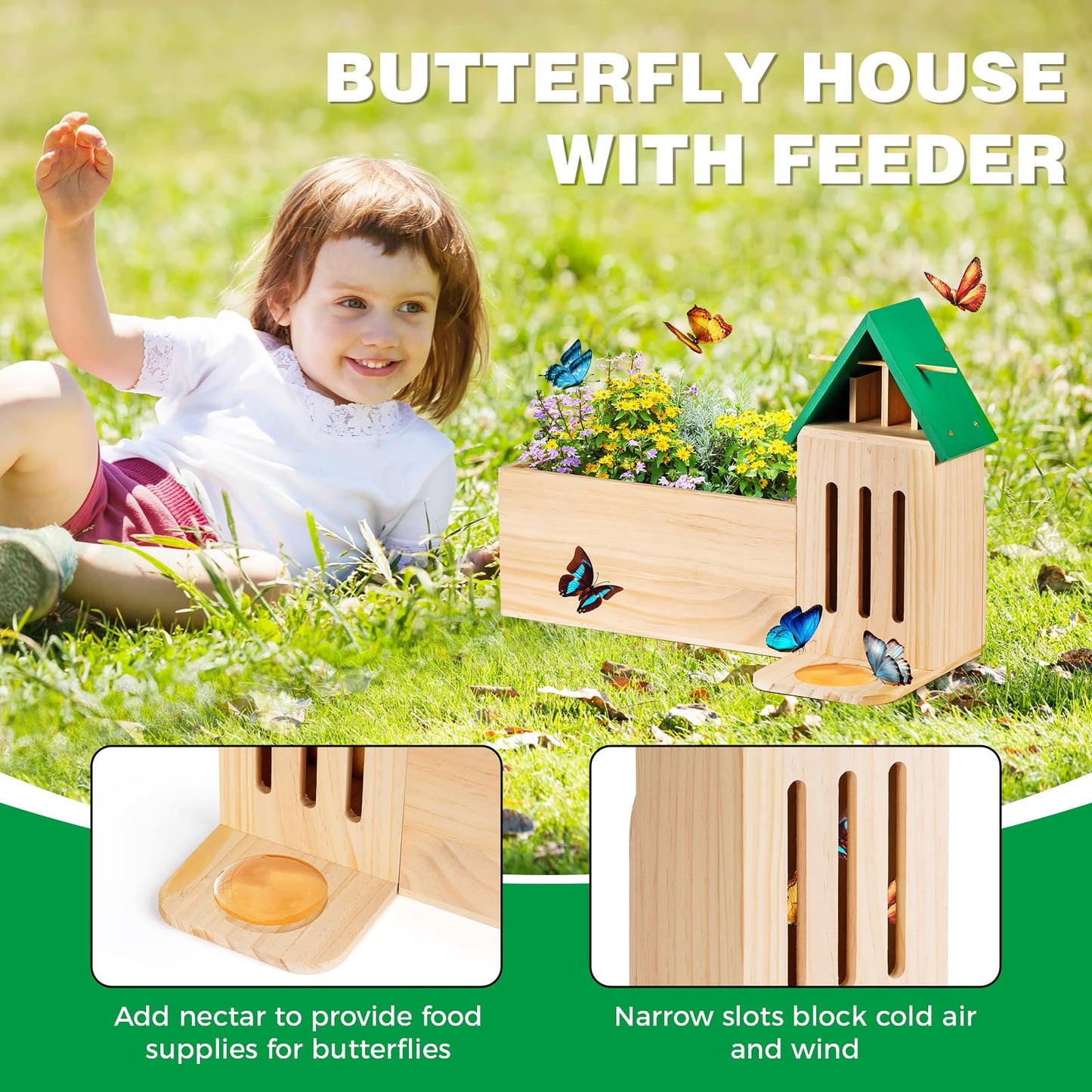 Wooden Butterfly House for Garden, Butterfly House and Feeder with Flower Pot, Natural Butterflies Habitat Butterfly Shelter Hotel for Butterflies, Bees, Ladybug