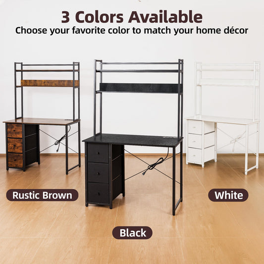 Aquzee Computer Desk with Drawers, 47 inch Desk Hutch, Gaming Desk with Storage Shelves, Power Outlets & Bookshelves, Study Writing Desks for Bedroom Living Room Home Office, Black