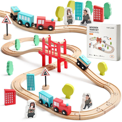 Tiny Land Wooden Train Set for Toddler - 39 Pcs- with Wooden Tracks Compatible with Major Brands - Expandable, Changeable-Train Toy for 3 4 5 Years Old Girls & Boys