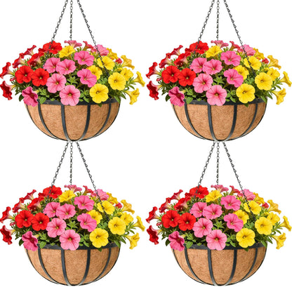 ZVOWOS 12 Inch Black Flat Iron Metal Hanging Planter Basket with Coco Coir Liner(4 Pack) Hanging Planters for Outdoor Plants Hanging Baskets for Plants Flower Pots for Deck Patio Porch Garden Balcony