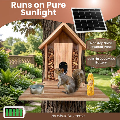 FAUBIC Squirrel Feeder with Camera - Includes Solar Powered Panel - Burned Pine Squirrel House with Anti-Chew Cable Protector - Smart Squirrel Feeder 160° HD Night Vision - 2.4Ghz WiFi Squirrel Camera
