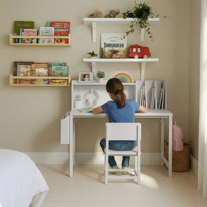 BOLUO Kids Desk and Chair Set for 6-12 Year Old, Children Study Desk with Hutch and Pegboard, Student Writing Table with Storage Shelf for Girls Boys