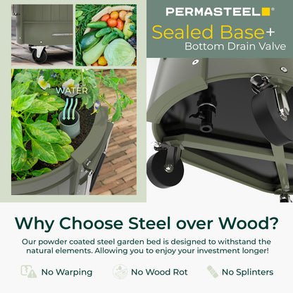 Permasteel Self-Watering Garden Bed, Rolling Planter for Vegetables, Flowers, Herbs, and Fruit, Outdoor Indoor, Caster Wheels, Army Green