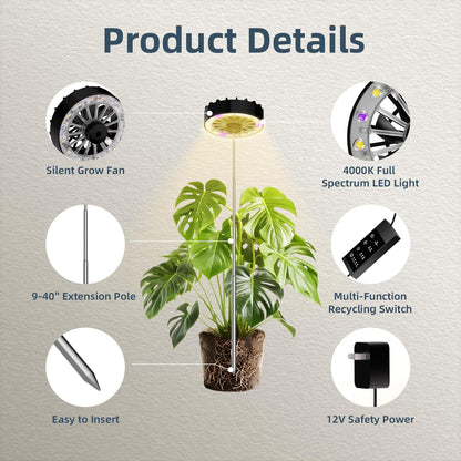 GISMIOSY Height Adjustable Grow Light for Indoor Potted Plants, Full Spectrum Plant Light with Fan, Metal Pole Stake Growing Lamp, CRI 90+, 2/4/8/12H Timer, Ideal for Tall Plants & Succulents 1 Pack