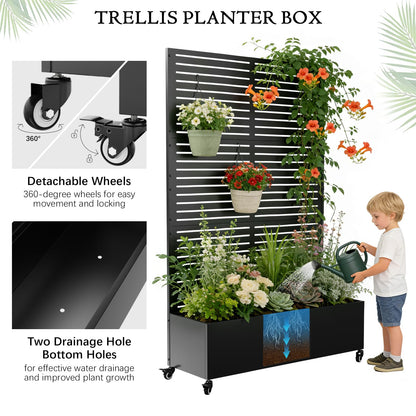 Baotree Metal Raised Garden Planter Bed, 72"x47"x16" Outdoor Planter Box with Trellis and Wheels for Climbing Plants, Vegetables & Vines, Features Drainage Holes and Privacy Screen (Black-Louvered)