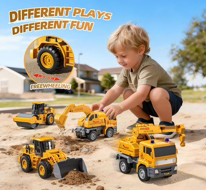 KukuFun 4-Pack Truck Toys for Boys 3-5 Year Old，Construction Sandbox Toy Set with Excavator，Indoor/Outdoor Sand Toys for Kids Toddlers Girls Age 3-8，Birthday Gifts