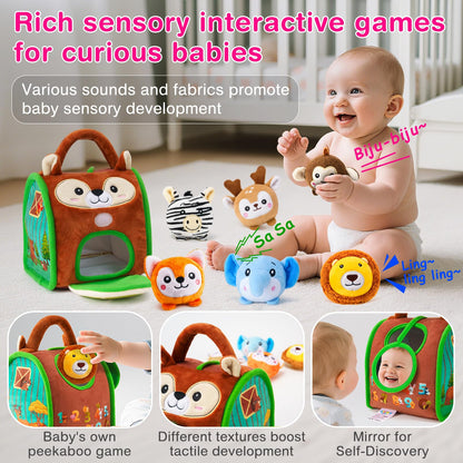 NECTAR BABY Soft Baby Sensory Toys - Squirrel Barn with 6 Stuffed Zoo Animals - Rattles, Crinkles, Squeak, Mirror - Montessori Toys for 6-12 Months Infant & 1-3 Years Toddlers Gifts & Travel Toy
