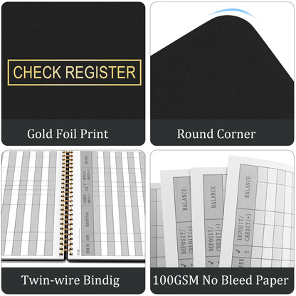 HAUTOCO Check Registers for Personal Checkbook, Transaction Expense Ledger Log Book for Small Business, Checking Account Register Book to Track Payments, Deposits, Finances, 8.4 x 6.2'', Black